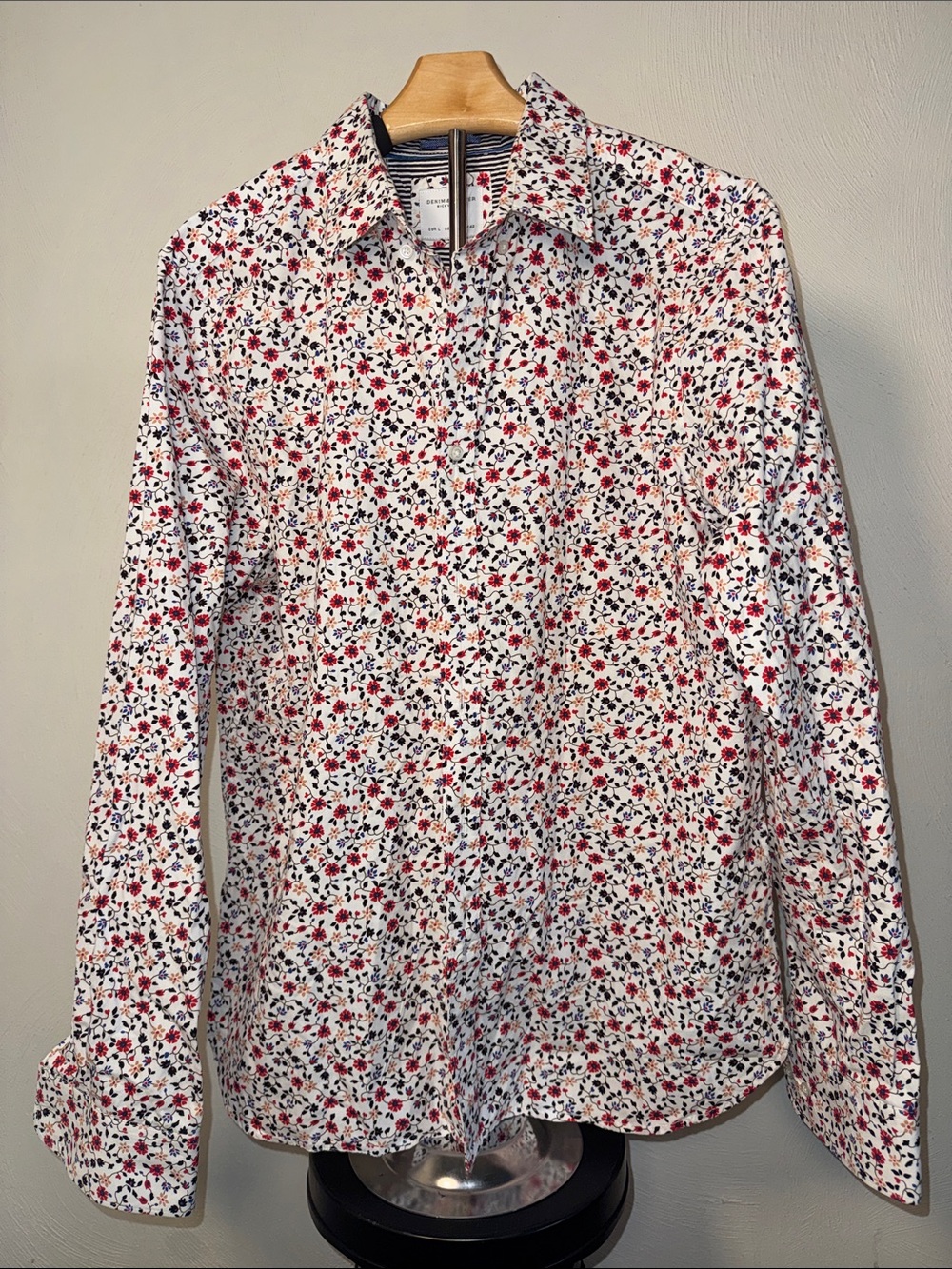Denim & Flower White Button-Down Shirt with Red & Black Floral Print